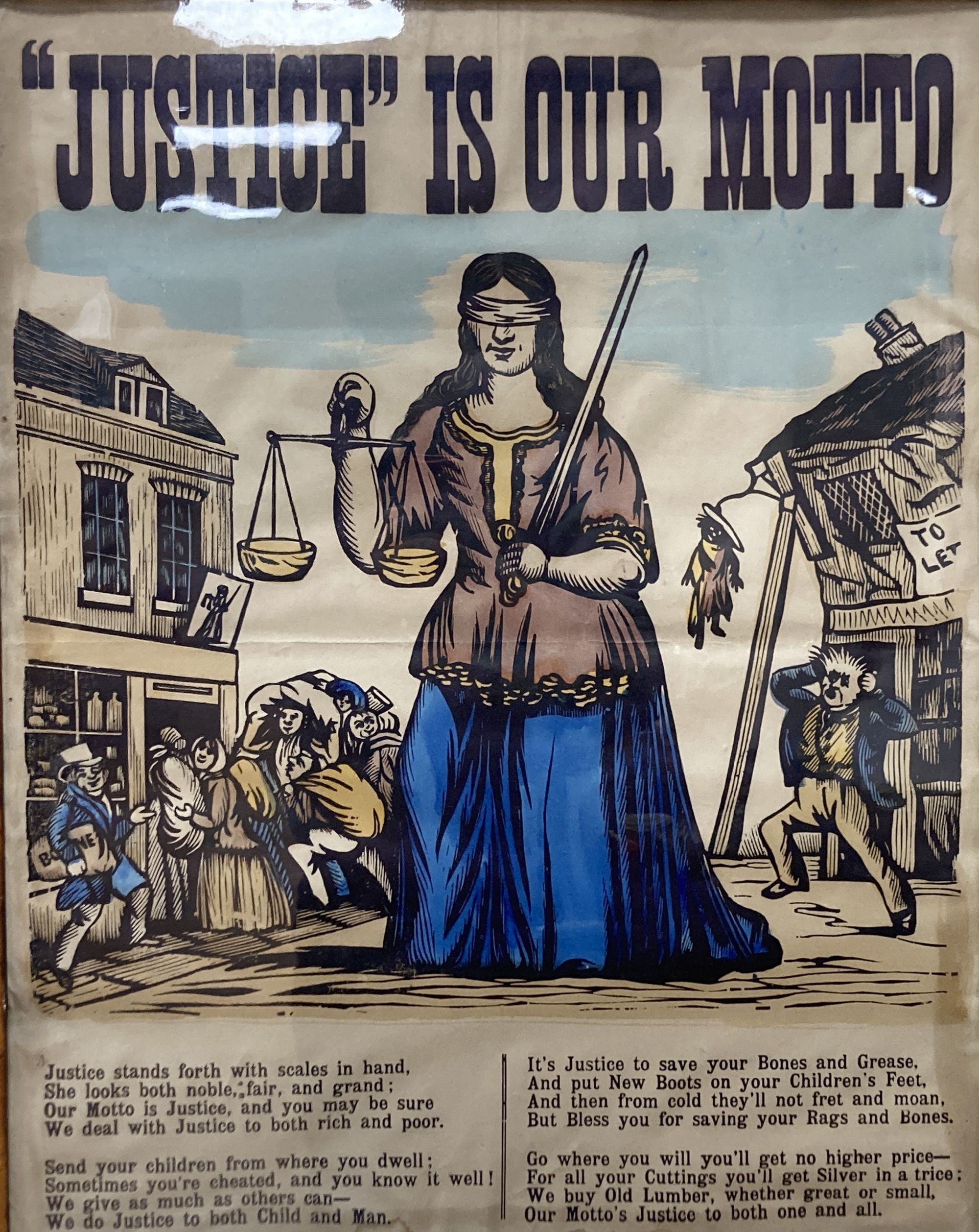 Samuel Reeves Publ., hand coloured poster, Justice is our motto, 62 x 50cm, maple framed